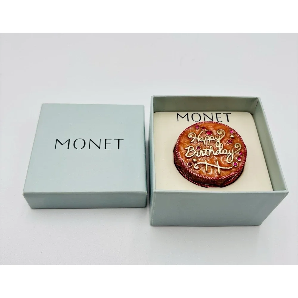 MONET Happy Birthday Cake Trinket Box Enamel Rhinestone Gold Tone w Gift Box
